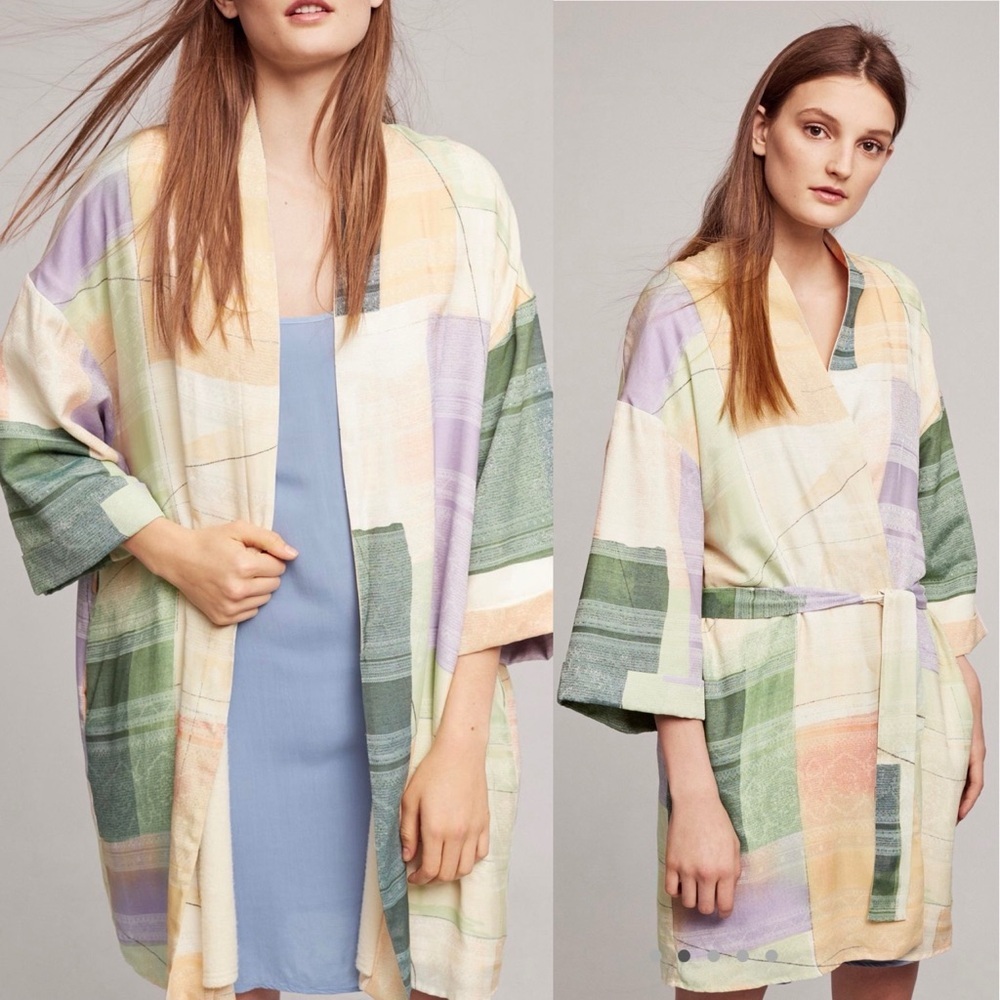 Anthropologie Watercolor Pastel Patchwork Plaid Robe - Picture 3 of 6